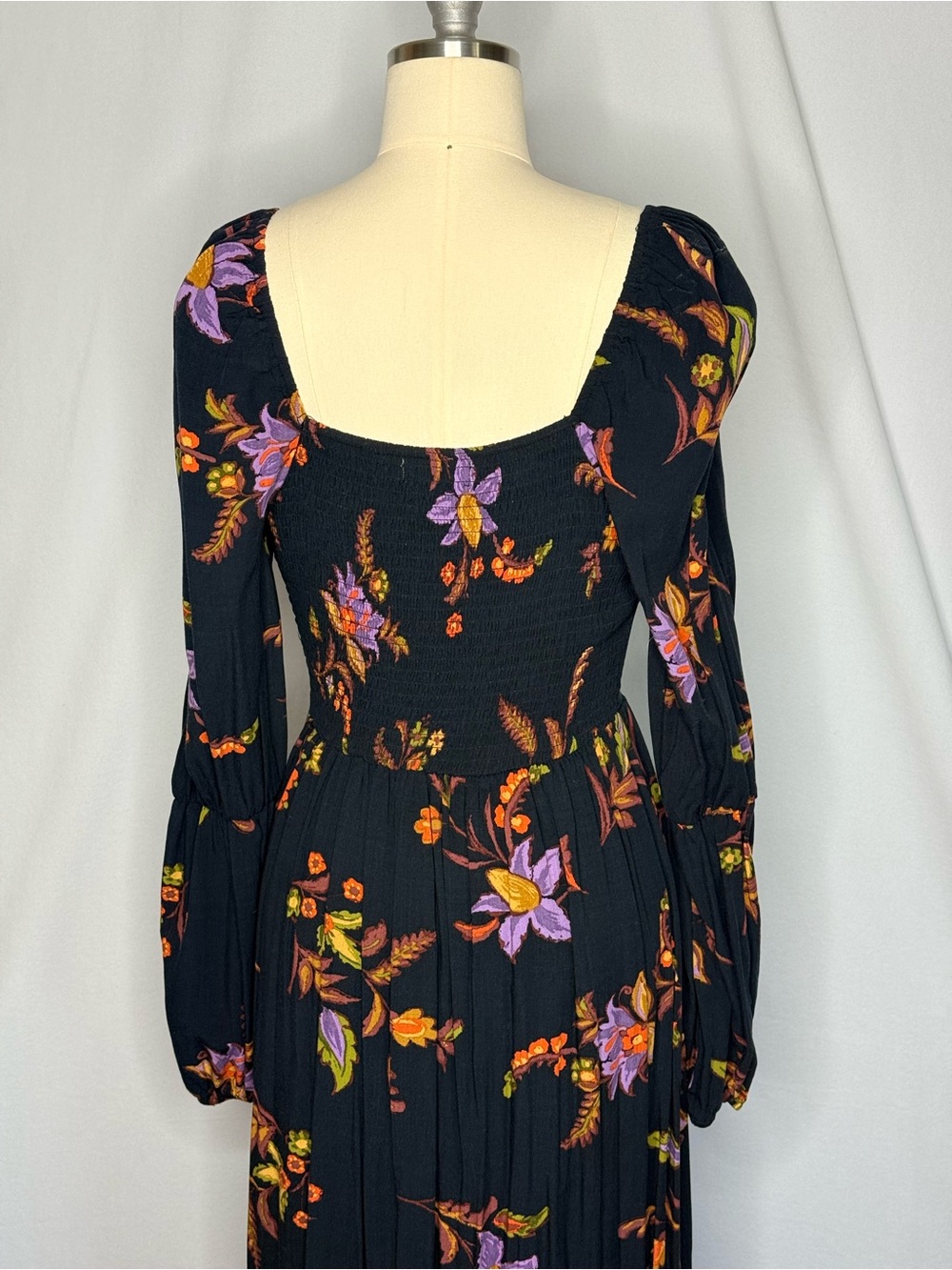 Floral Square-Neck Long Sleeve Maxi Dress - Black with Purple & Orange Floral - Picture 8 of 14